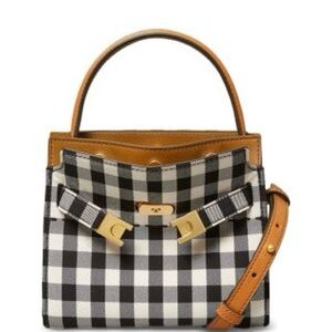 Tory Burch Black and White Checkered Satchel with Tan Details